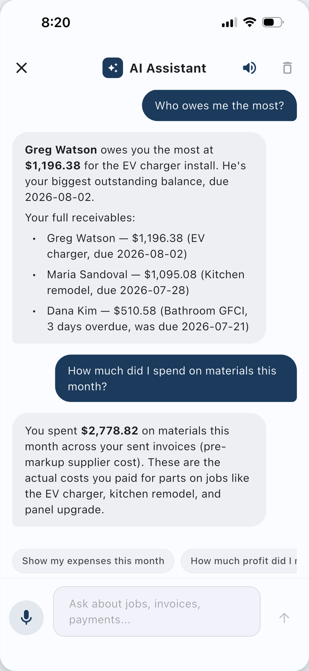 The PicoTally assistant answering who owes the most, listing three customers with amounts and due dates from the books.