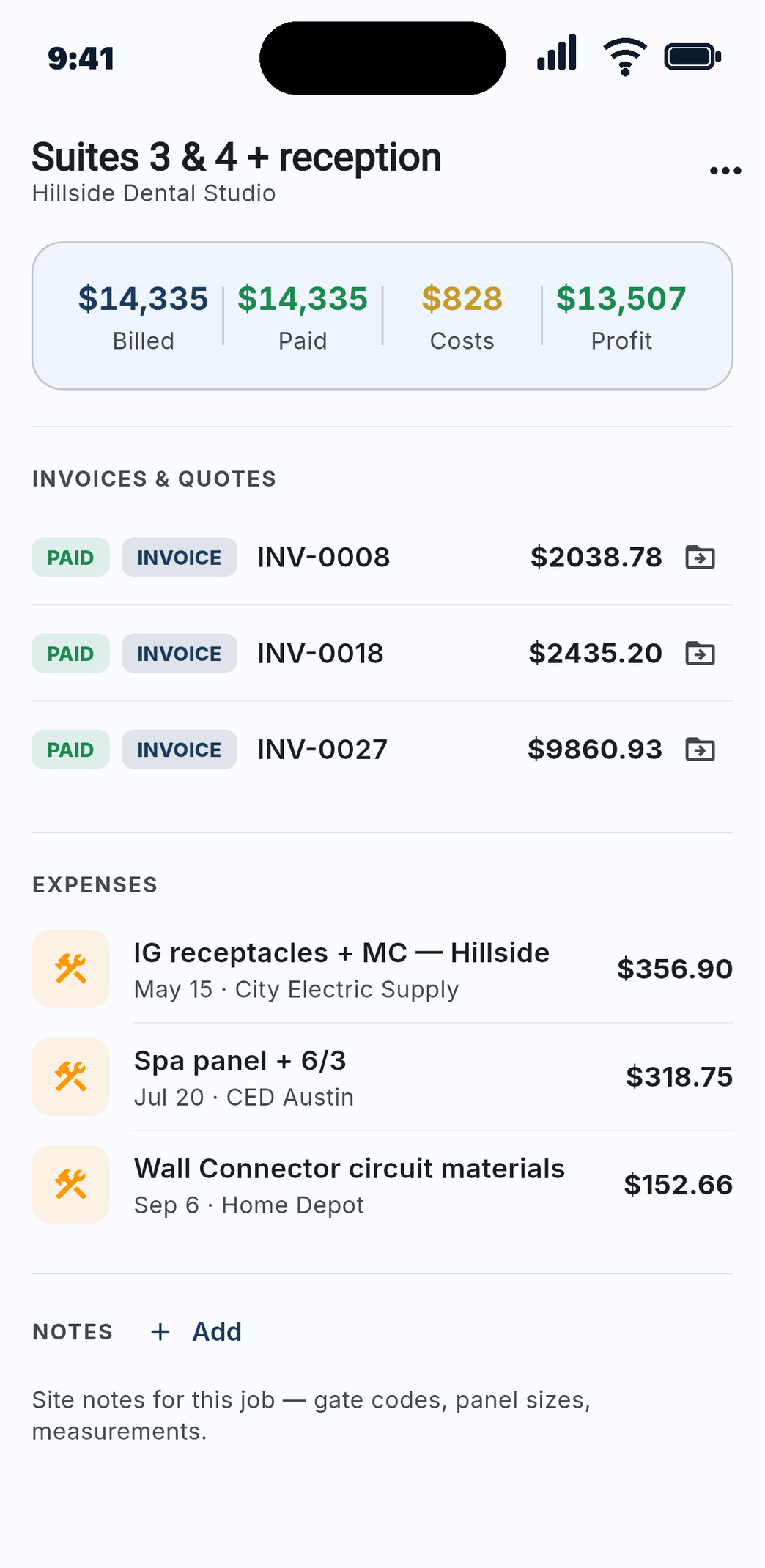 A PicoTally job folder on the phone: billed, paid, costs and profit for one job, then its invoices, expenses and notes.