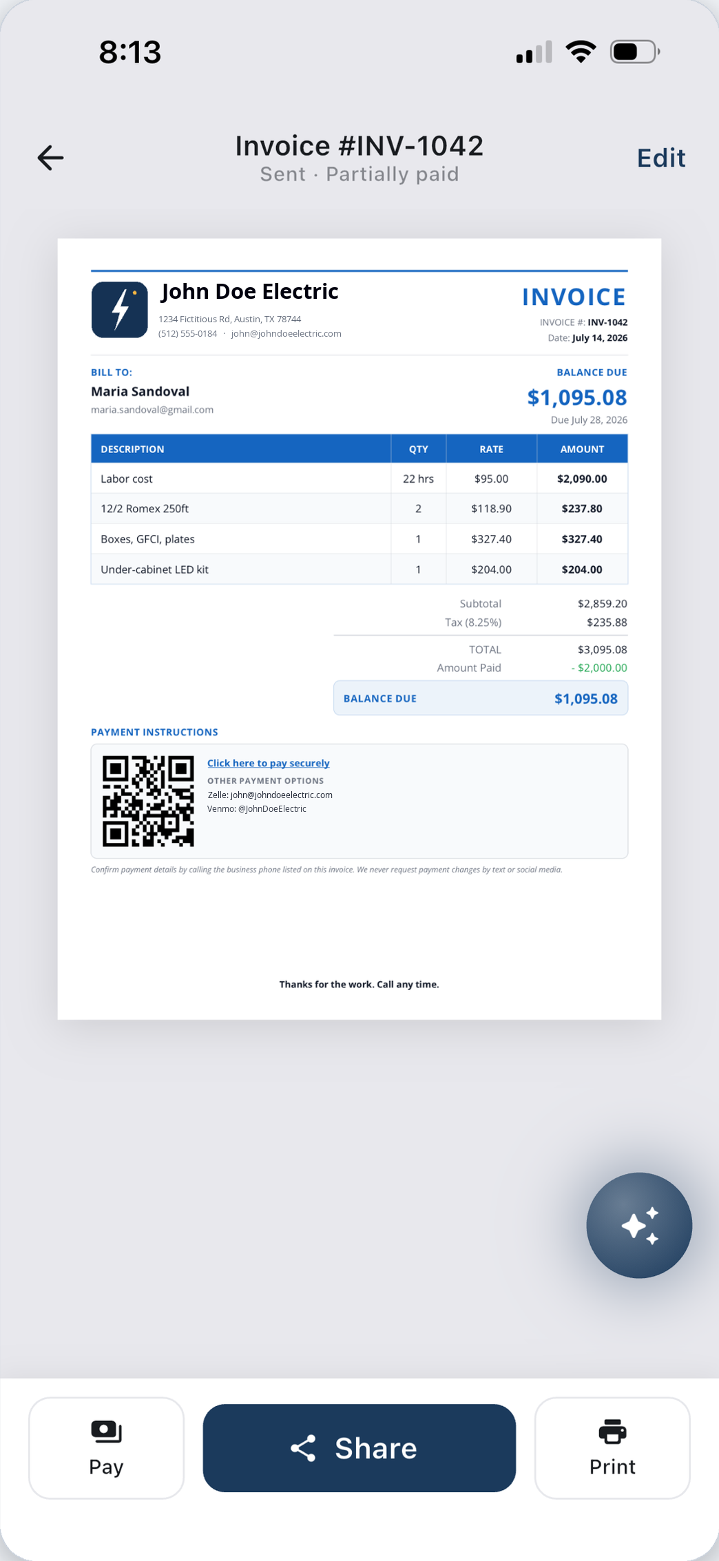 A finished PicoTally invoice for John Doe Electric with the business header, line items, total and balance due.