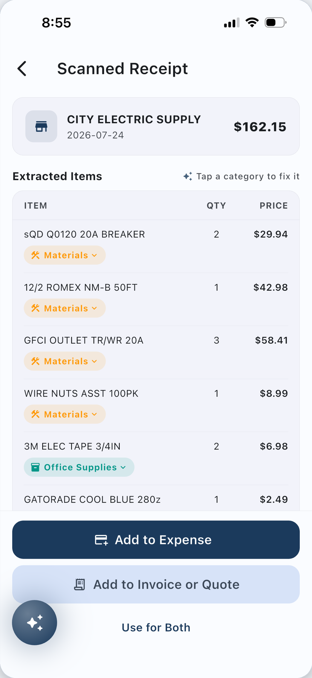 A scanned Anytown Electric Supply receipt in PicoTally, every line item extracted and tagged as materials, office supplies or personal.