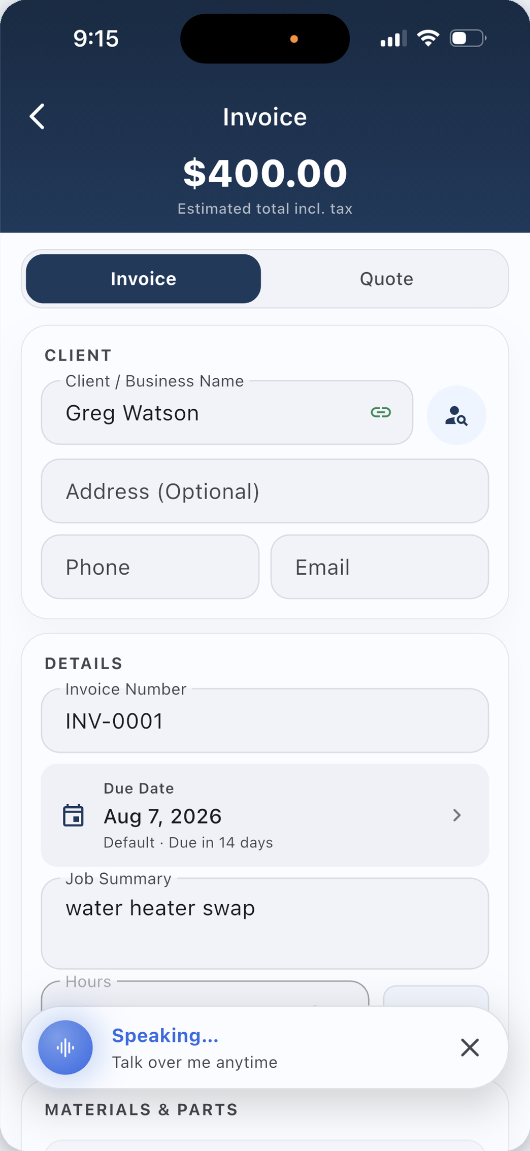 PicoTally writing a $411 invoice for Tom Beckett from a spoken command, with the voice assistant listening at the bottom of the screen.